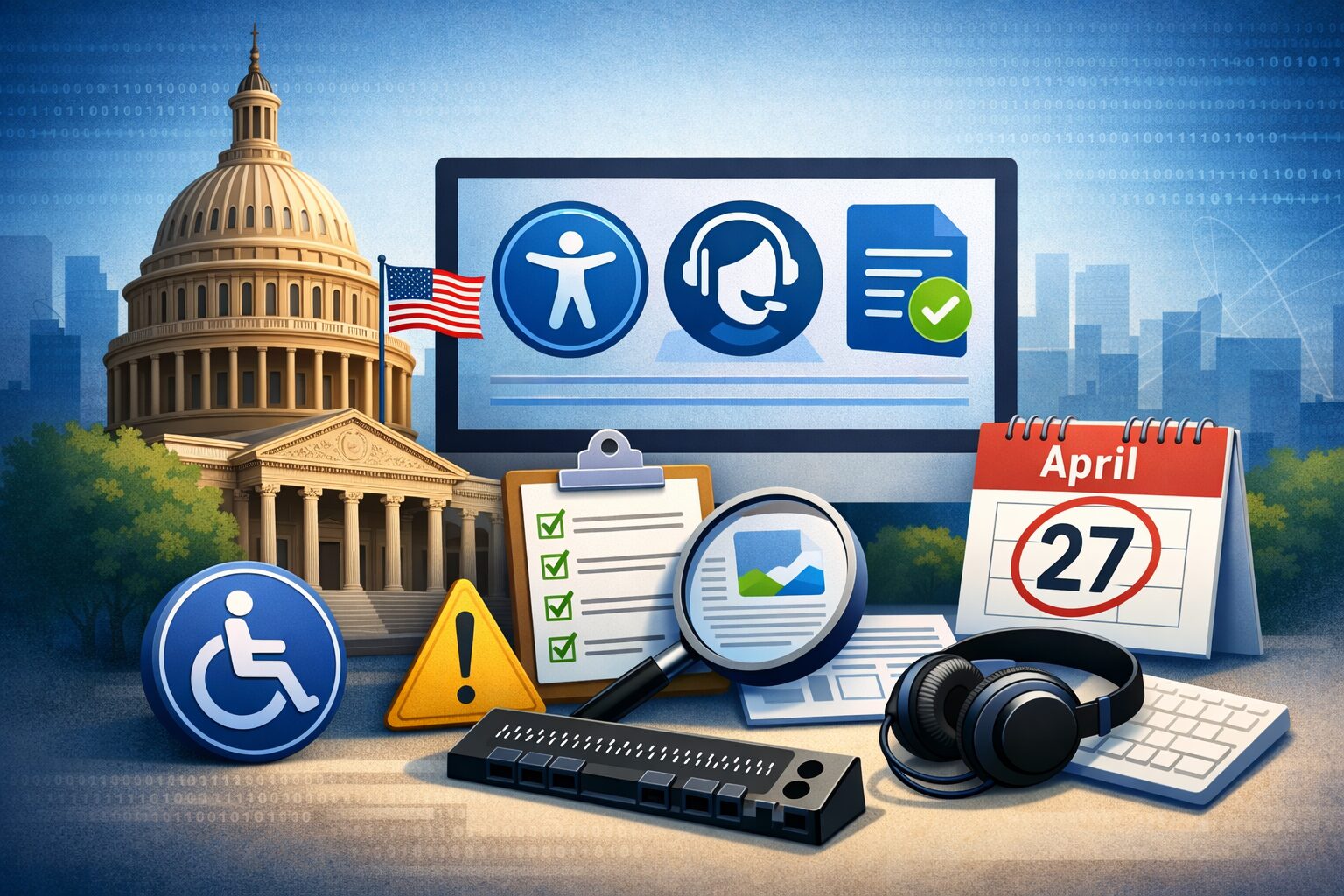 Illustration of a government building and computer screen displaying accessibility icons, alongside a calendar marked April 27, assistive technology symbols, and compliance checklist elements representing ADA digital accessibility requirements for public sector websites