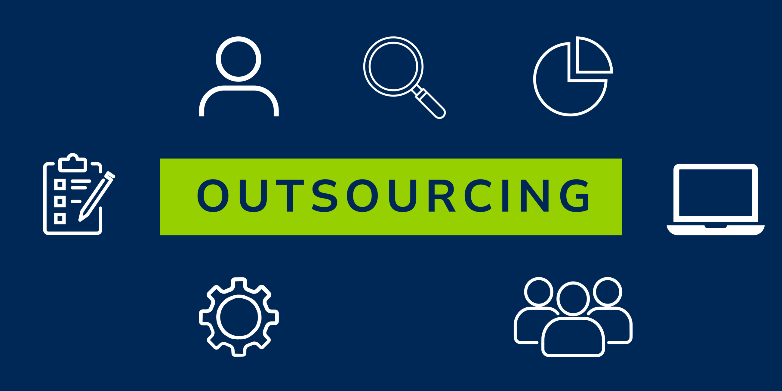 Illustration of outsourcing with business icons for reporting, analysis, technology, operations, and team support.